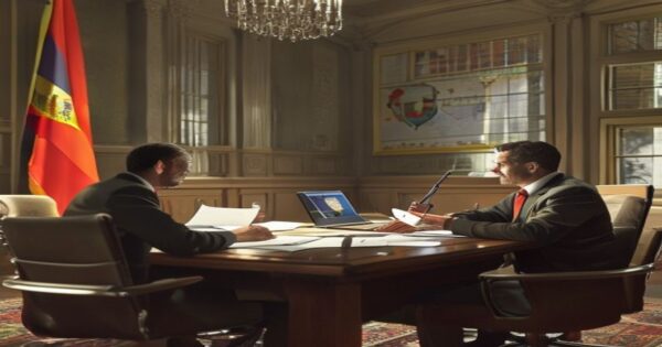 Financiación autonómica: Hacienda y Asturias inician negociación bilateral 2 A photorealistic image of a meeting room in a government building, with two people sitting at a table with documents and a laptop, one holding a pen, the other gesturing. The room has a Spanish flag a