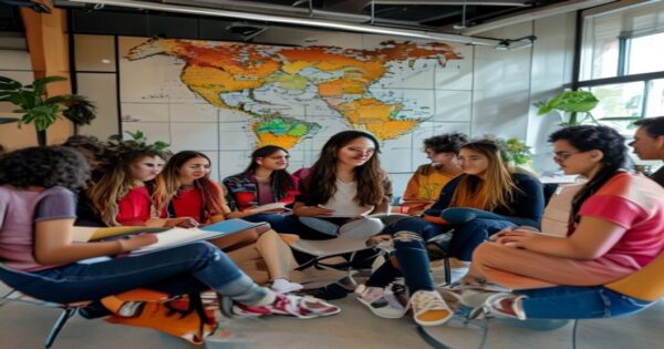 Alianza CLACSO-Injuve: Nuevos horizontes para políticas juveniles en Iberoamérica 2 A photo-realistic image of a diverse group of young people from Latin America and Spain (including indigenous, afro-descendant, and urban youth) sitting in a circle in a bright, modern meeting room. T