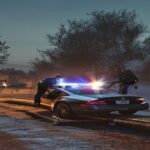 A photorealistic image of a police inspection at a checkpoint in southern Spain, with a car lifted on a ramp and officers examining the undercarriage with flashlights. The scene is at dusk, with a dus
