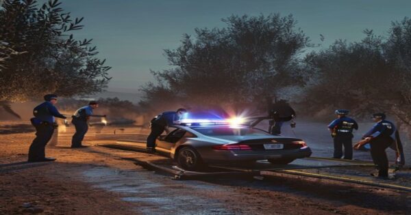 Coches con doble fondo: la ingeniería del narcotráfico en España 2 A photorealistic image of a police inspection at a checkpoint in southern Spain, with a car lifted on a ramp and officers examining the undercarriage with flashlights. The scene is at dusk, with a dus