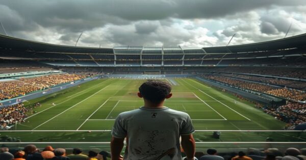 Geopolítica del tenis: cómo la ubicación define el éxito en Roland Garros 2 A photorealistic wide shot of Roland Garros stadium in Paris, with the central court Chatrier packed with spectators. In the foreground, a young tennis player from a developing country looks at the co
