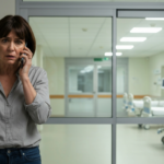 A photorealistic image of a concerned middle-aged woman speaking on the phone in a hospital waiting room, with a worried expression and a view of a hospital corridor through a glass door.