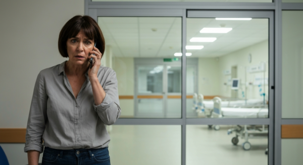 Bertín Osborne y la neumonía: salud y descanso en la tercera edad 2 A photorealistic image of a concerned middle-aged woman speaking on the phone in a hospital waiting room, with a worried expression and a view of a hospital corridor through a glass door.