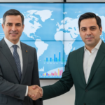 A photorealistic image of a handshake between a Spanish and a Mexican diplomat in front of both national flags, with a blurred background showing a world map and global economic graphs.