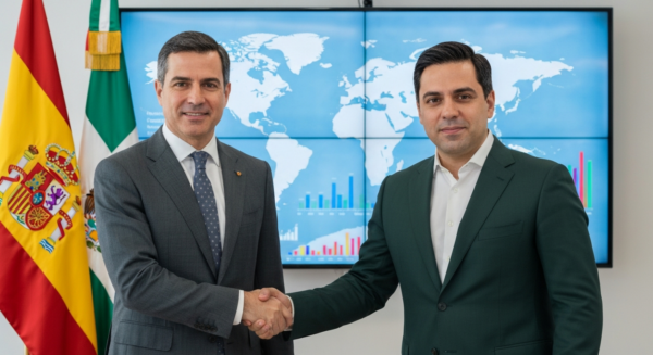 Alianza España-México: Clave ante la Incertidumbre Global 2 A photorealistic image of a handshake between a Spanish and a Mexican diplomat in front of both national flags, with a blurred background showing a world map and global economic graphs.