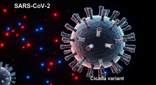 Photorealistic image of a microscopic view of the SARS-CoV-2 virus with mutated spike proteins, labeled 'Cicada variant', in a dark background with glowing red and blue particles.