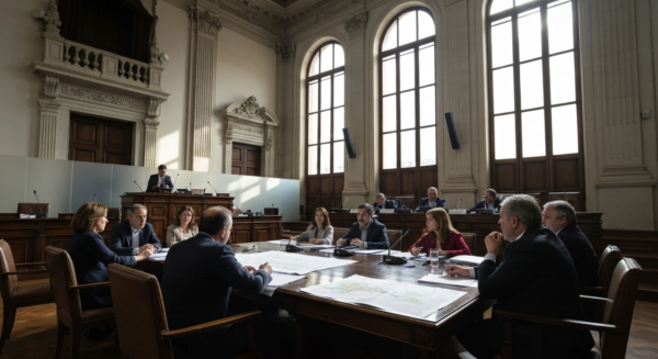 A photorealistic image of a legislative assembly hall in San Juan, Argentina, with lawmakers debating around a large wooden table, documents and maps spread out, natural light streaming through tall w