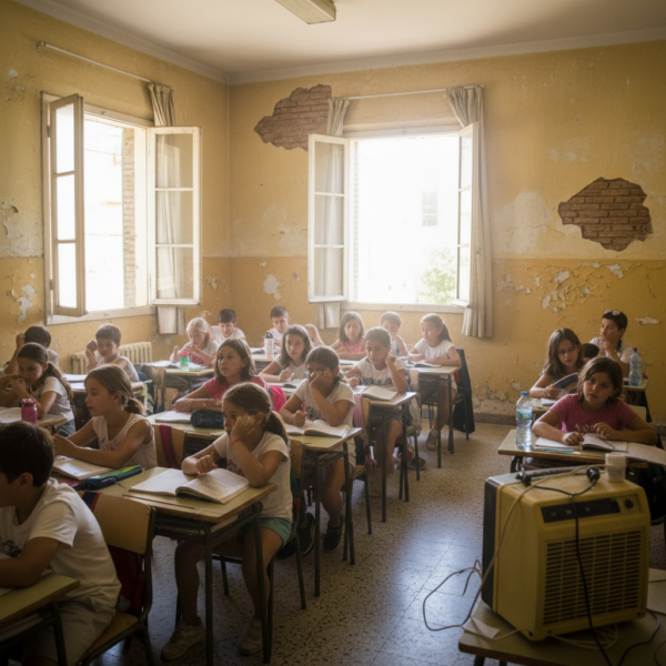 Photorealistic image of a crowded public school classroom in Spain during a heatwave, with children fanning themselves and looking uncomfortable, while an old portable air conditioner sits unused in t