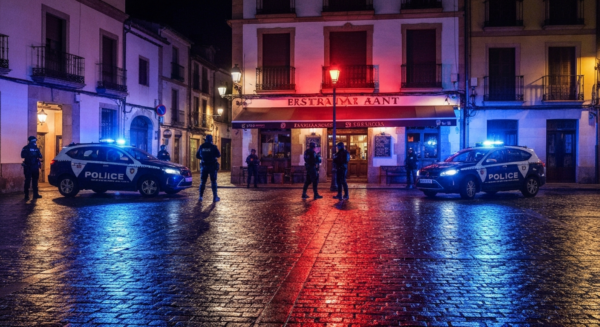 Photorealistic image of a police operation at night in a Spanish town square, with officers in tactical gear surrounding a restaurant, blue and red lights reflecting on wet pavement, no logos or text.