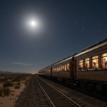 Photorealistic image of a vintage train crossing a desert landscape at night, with a starry sky and a full moon illuminating the tracks. Passengers visible through windows, warm interior lights. No te