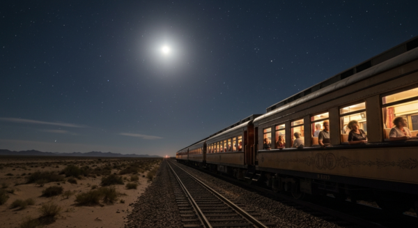 Photorealistic image of a vintage train crossing a desert landscape at night, with a starry sky and a full moon illuminating the tracks. Passengers visible through windows, warm interior lights. No te