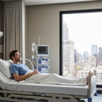 A photorealistic image of a modern hospital room with a lung transplant patient in bed, surrounded by medical equipment, with a view of a city through the window, conveying hope and medical advancemen