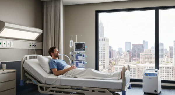 Trasplante de pulmón en la realeza: la salud de Mette-Marit y el sistema de donación 2 A photorealistic image of a modern hospital room with a lung transplant patient in bed, surrounded by medical equipment, with a view of a city through the window, conveying hope and medical advancemen