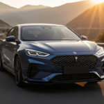 Photorealistic image of Omoda 5 in dynamic drive on a mountain road, with sleek coupe-like silhouette, aggressive front grille and LED headlights, sunset lighting, no text or logos.