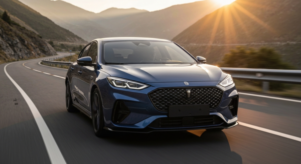 Omoda 5 vs Jaecoo 5: Comparativa de SUV chinos, precios y diferencias 2 Photorealistic image of Omoda 5 in dynamic drive on a mountain road, with sleek coupe-like silhouette, aggressive front grille and LED headlights, sunset lighting, no text or logos.