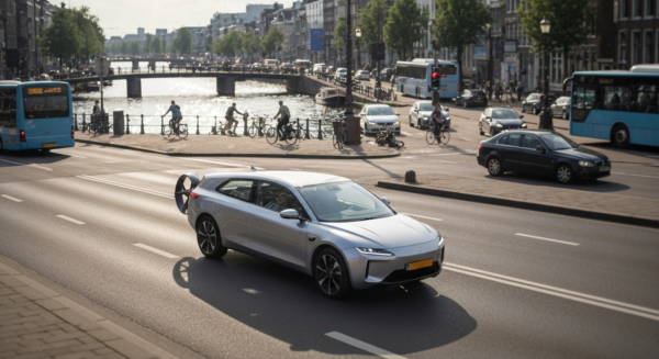 Coches anfibios: la revolución que transformará el transporte urbano 2 A photorealistic image of a modern amphibious car driving on a crowded city street, with a canal visible in the background. The car is sleek, silver, with retractable wheels and a propeller. Sunlight