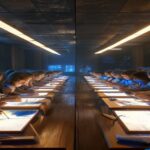 A photorealistic image of a split classroom: one side shows children sitting in rows writing on paper with pencils, the other side shows children staring at glowing tablets. The lighting is dramatic,
