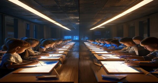 ¿Papel o pantalla? La lucha de clases en el aula digital 2 A photorealistic image of a split classroom: one side shows children sitting in rows writing on paper with pencils, the other side shows children staring at glowing tablets. The lighting is dramatic,