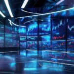 Photorealistic image of a modern stock trading floor with holographic screens showing falling AMD and SRTA stock graphs, dramatic lighting, futuristic atmosphere, no text or logos.