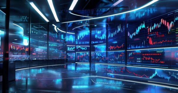 Cathie Wood vende AMD y SRTA: Estrategia y riesgos 2 Photorealistic image of a modern stock trading floor with holographic screens showing falling AMD and SRTA stock graphs, dramatic lighting, futuristic atmosphere, no text or logos.