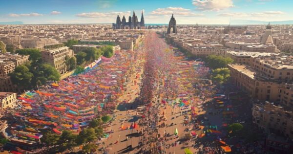 Aerial photorealistic view of a massive LGBTQ+ Pride demonstration in Barcelona, sunny day, colorful flags, crowd filling the wide Gran Via avenue, Sagrada Familia in background