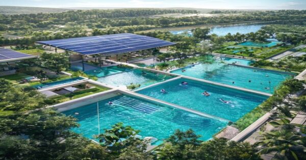 Cómo ahorrar agua en piscinas públicas: el ejemplo de Fuengirola 2 A photorealistic aerial view of a modern public swimming pool complex with solar panels on the roof, surrounded by lush greenery, clear blue water, and people swimming. The pool area shows water-savin