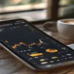 A photorealistic close-up of a smartphone screen displaying a cryptocurrency price chart for XRP, with the date 'June 18' highlighted, placed on a wooden desk next to a cup of coffee and a notepad, na
