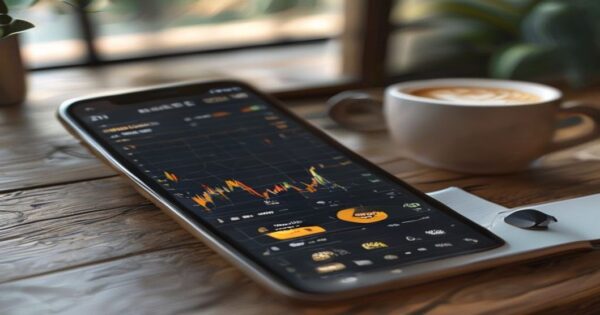 Ripple (XRP) 18 junio: claves y lecciones de inversión 2 A photorealistic close-up of a smartphone screen displaying a cryptocurrency price chart for XRP, with the date 'June 18' highlighted, placed on a wooden desk next to a cup of coffee and a notepad, na