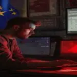A worried European crypto investor sitting in a dark room, looking at a computer screen showing a red warning message about Binance restrictions, with a European Union flag in the background and a cal
