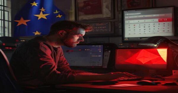 Binance ante el espejo de MiCA: ¿éxodo de usuarios en Europa? 2 A worried European crypto investor sitting in a dark room, looking at a computer screen showing a red warning message about Binance restrictions, with a European Union flag in the background and a cal