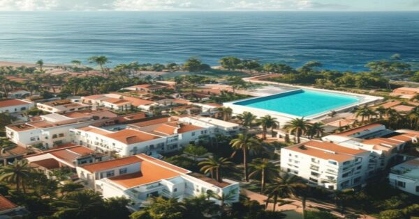 Mercado inmobiliario canario: compraventa sube un 3% en 2024 2 A photorealistic aerial view of a modern residential complex in the Canary Islands, with white buildings, terracotta roofs, and a swimming pool, surrounded by palm trees and the Atlantic Ocean in the