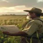 A Basque farmer in a green field holding a document with an insurance symbol, looking towards the horizon, fotorrealistic, natural lighting, deep depth of field.