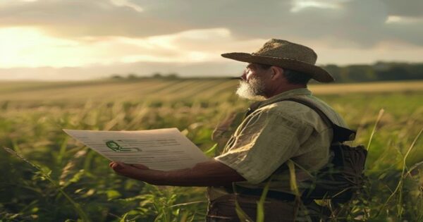 Euskadi asume los seguros agrarios: ¿qué cambia para los agricultores vascos? 2 A Basque farmer in a green field holding a document with an insurance symbol, looking towards the horizon, fotorrealistic, natural lighting, deep depth of field.