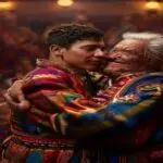 Photorealistic medium shot inside a warm-lit Peruvian colonial theater, a young male comedian in colorful traditional Andean costume and a older man in similar attire embrace on stage, visible tears,