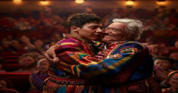 Legado de risas: Manolin homenajea a Manolo Rojas 2 Photorealistic medium shot inside a warm-lit Peruvian colonial theater, a young male comedian in colorful traditional Andean costume and a older man in similar attire embrace on stage, visible tears,