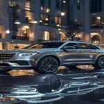 Photorealistic image of a metallic gray Lynk & Co 900 SUV parked in front of a luxury boutique hotel at night, with wet pavement reflecting city lights, and a classic Mercedes-Benz GLE slightly out of