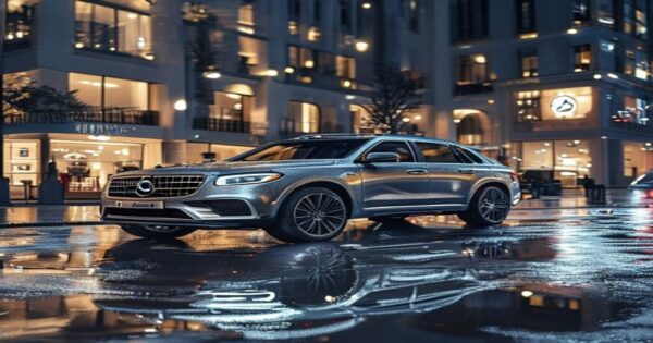 Lynk & Co 900: ¿Puede el lujo chino competir con marcas premium? 2 Photorealistic image of a metallic gray Lynk & Co 900 SUV parked in front of a luxury boutique hotel at night, with wet pavement reflecting city lights, and a classic Mercedes-Benz GLE slightly out of