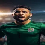 Aymen Hussein, Iraqi national football team striker, wearing green jersey, looking determined as he celebrates a goal in a stadium, blurred crowd background, dramatic lighting, photorealistic, no text