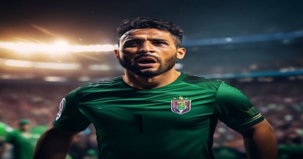 Aymen Hussein: fútbol iraquí y la sombra del terrorismo 2 Aymen Hussein, Iraqi national football team striker, wearing green jersey, looking determined as he celebrates a goal in a stadium, blurred crowd background, dramatic lighting, photorealistic, no text