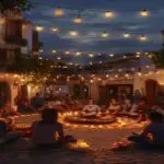 A diverse group of neighbors in a Spanish town square at dusk, sitting in a circle sharing food and stories, with string lights and candles, symbolizing community solidarity during a banned traditiona