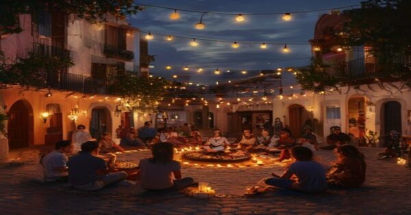 Prohibición hogueras San Juan: solidaridad vecinal en Álava 2 A diverse group of neighbors in a Spanish town square at dusk, sitting in a circle sharing food and stories, with string lights and candles, symbolizing community solidarity during a banned traditiona