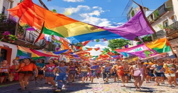 Orgullo LGTBIQ+ global: De lo local a la resistencia internacional 2 A vibrant Pride parade in a small Spanish town, with colorful rainbow flags, diverse people of all ages smiling and marching, banners with messages of love and respect, sunny day, cobblestone streets,