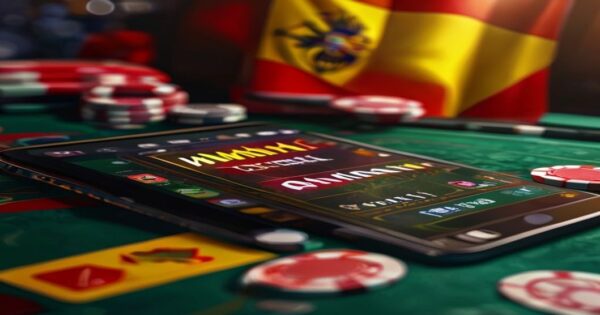 A photorealistic digital illustration of an online blackjack game interface, with cards, chips, and a 'Winamax' logo, displayed on a tablet placed on a table with the Spanish flag in the background, e