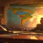 Photorealistic image of a meeting between a Guatemalan president and a Colombian politician in a modest government office, with maps of Latin America on the wall, warm sunset light through the window.