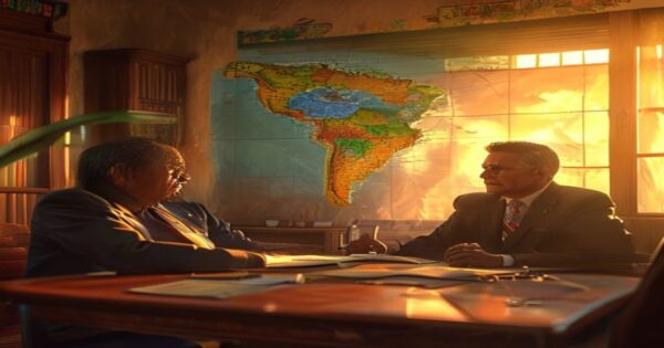 Photorealistic image of a meeting between a Guatemalan president and a Colombian politician in a modest government office, with maps of Latin America on the wall, warm sunset light through the window.