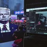 A split scene: on one side, a political rally with people holding signs with AI-generated meme images of a candidate; on the other side, a computer screen displaying a deepfake meme generator interfac