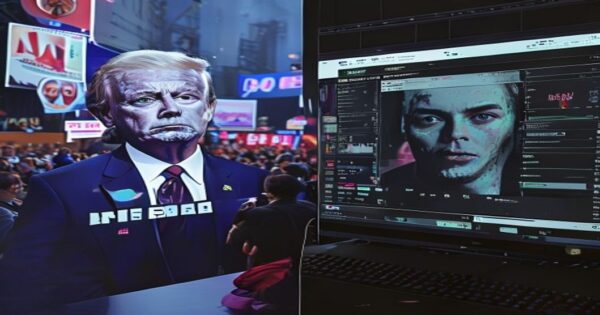 A split scene: on one side, a political rally with people holding signs with AI-generated meme images of a candidate; on the other side, a computer screen displaying a deepfake meme generator interfac
