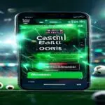 A smartphone screen displaying a sports betting app with a prominent green 'Cash Out' button during a live football match, surrounded by a tense atmosphere of flashing notifications and blurred stadiu