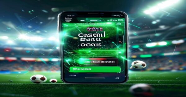 A smartphone screen displaying a sports betting app with a prominent green 'Cash Out' button during a live football match, surrounded by a tense atmosphere of flashing notifications and blurred stadiu