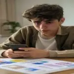 A Spanish teenager looking anxiously at a smartphone on a table, while a health insurance card and a brochure about digital detox therapy lie nearby, in a psychologist's office with soft lighting.